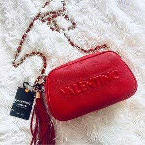 Valentino Red Shoulder Bag with Tassel and Gold Hardware